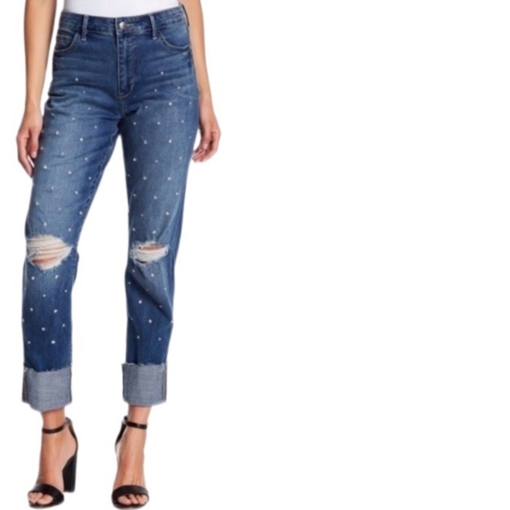 Sam Edelman The Mary Jane High Rise Straight Ankle Rhinestone Cuffed Jeans 0/25